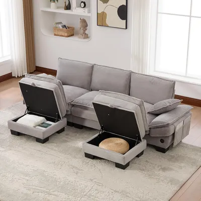 Produktbild von okwish Modulares Sofa 3-Sitzer mit 2 Hocker Ergonomische Breite Sitzfläche Loungesofa mit USB-C Anschluss Wohnzimmersofa mit Seitentaschen Wohnzimmer Corduroy Hellgrau