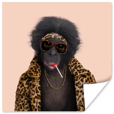 Produktbild von MuchoWow® Poster Affe - Tiere - Sonnenbrille - Pantherdruck - Lutscher 50x50 cm - Wohnzimmerdekoration