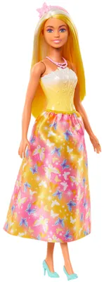 Produktbild von Barbie Royal-Puppe mit farbenfrohem Haar mit Strähnchen (goldgelb, Rock mit Schmetterlingsmuster und Zubehör)
