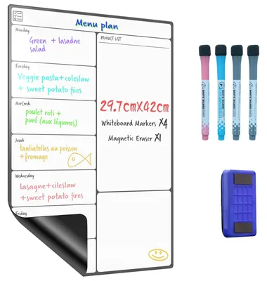 Produktbild von SURFOU Whiteboard Magnetisch Für Kühlschrank A3, Wochenplaner Abwischbarer Selbstklebend Mit 4 Whiteboardmarkern Und 1 Radierer, Magnettafel Für Zuhause Büro, Menüplaner Einkaufsliste To Do Liste