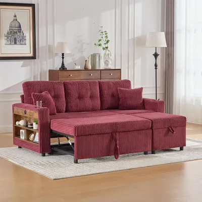 Image de LVHOM Canapé-lit 3 en 1 avec USB et LED, Canapé 3 places avec fonction sommeil, Canapé-lit avec étagère latérale, Canapé modulable avec ottomane, tissu velours côtelé, rouge