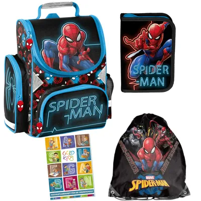 Produktbild von Spiderman Schulranzen ergonomischer Ranzen Turnbeutel Federmappe Regenschutz Grundschule 4er Set Lizenzartikel Marvel Spiderman Spider-man Comics