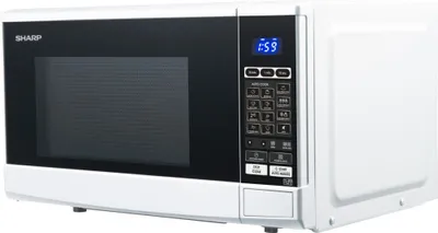 A white Sharp microwave oven is shown from a three-quarter front angle against a white background.