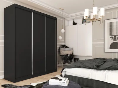 Obrázek produktu pro Moderní Šatní Skříň Černá s Posuvnými Dveřmi 120 150 180 200 cm - Černá Šatní Skříň do Ložnice s Posuvnými Dveřmi - Šatní Tyč - 180 cm – Černá