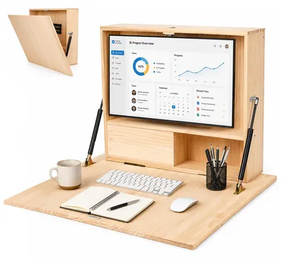 Klappbarer Wandschreibtisch mit Monitorhalterung, Holzoptik