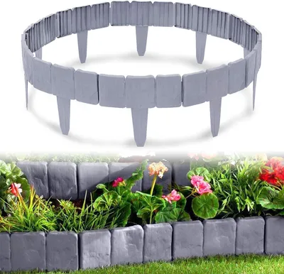 Image de QEENTOE Bordure de jardin grise imitation pierre, 20 pièces au total 5 mètres, bordure décorative pour massifs, limite de pelouse, muret pour jardin, chaque élément : 25x23x1 cm