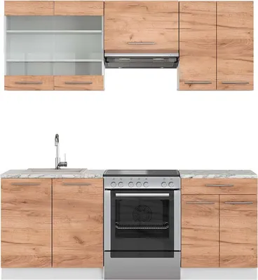 Produktbild von Küchenzeile Vicco Fame-Line Goldkraft Eiche/Weiß 200 cm , AP Marmor, Model 42293