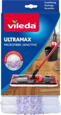 The image shows the packaging of a Vileda Ultramax Microfibre Sensitive mop refill, with a mop and bucket visible in the background.