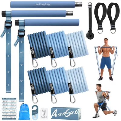 Image de Ensemble de barre Pilates avec bandes de résistance – Complet avec 6 bandes de résistance – En caoutchouc naturel – Pour l'entraînement musculaire et le yoga