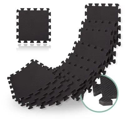 Zdjęcie produktu dla 16 mat ochronnych o wymiarach 60 x 60 cm, 6 m², maty pod sprzęt fitness, grubość 1 cm, z możliwością łączenia, izolacja akustyczna i ochrona przed odgłosami kroków, kolor czarny