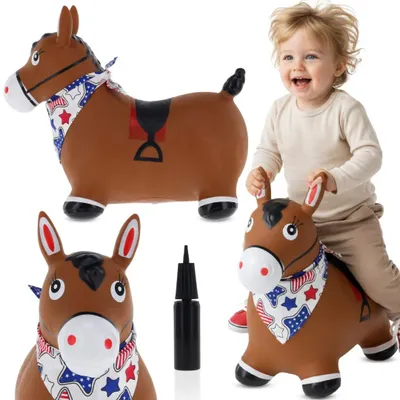 Immagine prodotto di Animali gonfiabili SUN BABY da 1 anno con pompa Giocattolo gonfiabile in gomma di alta qualità e resistente, pony marrone con bandana