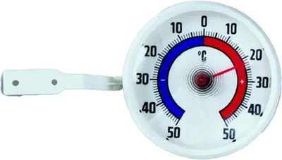 A round thermometer with a white casing and a dial showing temperature in Celsius.