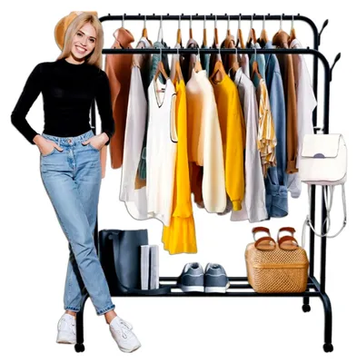 Produktbild von Kleiderständer mit Rollen 154x110x57,5 cm – Doppelstange und Schuhregal – Rollbarer Kleiderständer Schwarz – Stabiler Garderobenständer aus Metall mit 4 Seitenhaken – Tragkraft 35 kg