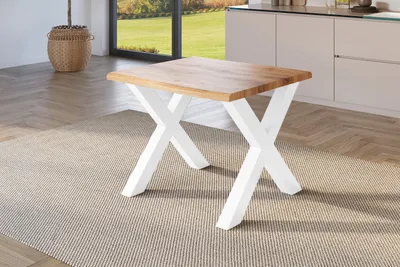 Produktbild von Esstisch Baumkante Holz-Optik Wildeiche 80 x 80 X-Gestell weiß JULIUS