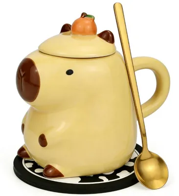 Image de Tasse en céramique avec couvercle, 450 ml, motif capybara, idéale pour le café et le thé