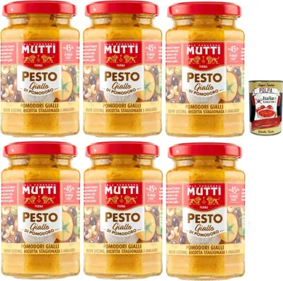 Produktbild von Mutti Pesto Giallo di Pomodoro 6 x 190 g mit gelben Tomaten Oliven Ricotta & Cashews cremige italienische Pastasauce Vorratspack + Italian Gourmet polpa