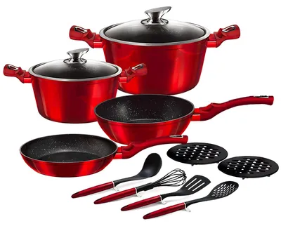12-teiliges Kochtopf-Set, Aluminium, antihaftbeschichtet, rot, 24/28 cm