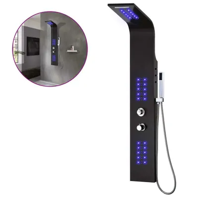 A black shower panel with blue LED lights, shown against a white background. A circular inset shows the shower panel installed in a bathroom.