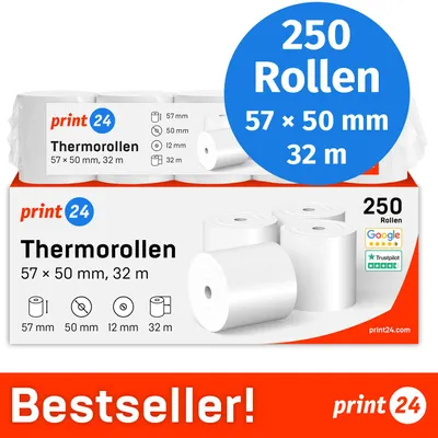 Produktbild von NEU: print24 Thermorollen / Kassenrollen, 250 Rollen, 57mm x 50mm x 12mm, 32m, , PEFC , BPA-frei, für EPSON, IBM u.v.m