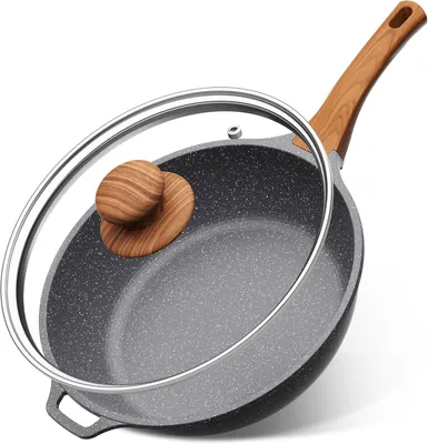 Image de Poêle haute avec couvercle – Poêle antiadhésive en granit, compatible induction