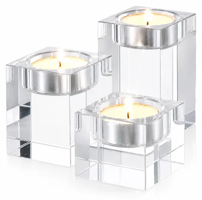 3er-Set Kristallglas-Kerzenhalter, quadratisch, 4/6/8 cm