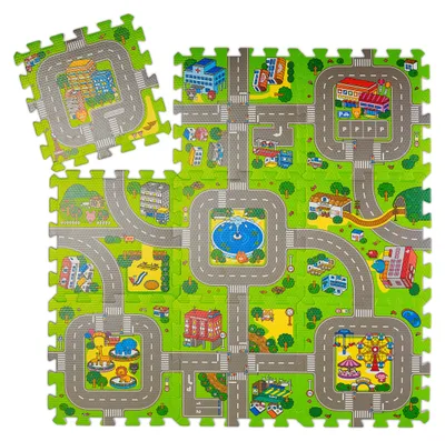Image de Tapis de jeu Relaxdays « Rue », tapis de jeu 9 pièces pour enfants et bébés, sans substances nocives, mousse EVA, 90 x 90 cm, multicolore