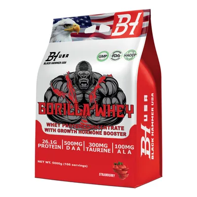 Produktbild von GORILLA Whey Protein 5kg Erdbeere – High Protein Pulver für Muskelaufbau, Masse & Krafttraining | Fitness Supplement | Black Hammer USA