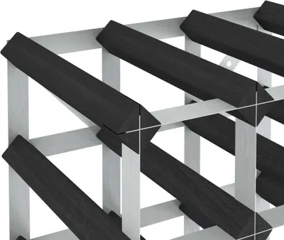 Close-up view of a wooden wine rack structure.
