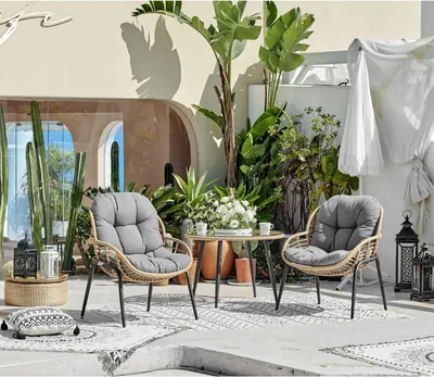 Produktbild von Happy Home Gartenmöbel Set 3tlg Rattan mit Sitzkissen grau robustes Dining Set für Balkon Terrasse Garten