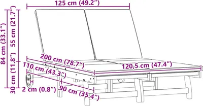 A diagram showing the dimensions of a two-person sun lounger.