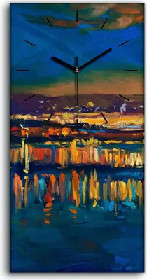 Produktbild von Wanduhr Uhr Wandbild Leinwand 30x60 Gemälde Abstrakte See Boote Stadt Nacht - schwarze Hände