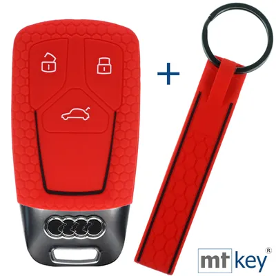 Produktbild von Auto Schlüssel Silikon Schutz Hülle + Schlüsselband im Wabe Design Rot Kompatibel mit Audi A4 A5 A6 A7 TT Q2 Q5 Q7 A8 Q8 3 Tasten KEYLESS SMARTKEY