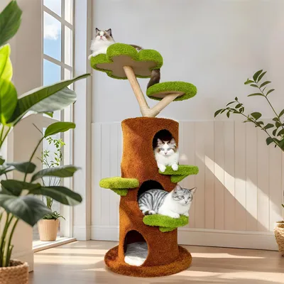 A cat tree with multiple levels and platforms, featuring three cats lounging on it, placed in a well-lit room with plants and a window.