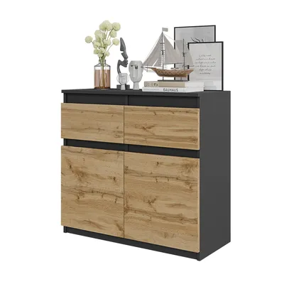 Immagine prodotto di Cassettiera Noah – Antracite / Rovere Wotan, 2 cassetti, 2 ante, 2 ripiani, 80 cm – Credenza per il soggiorno