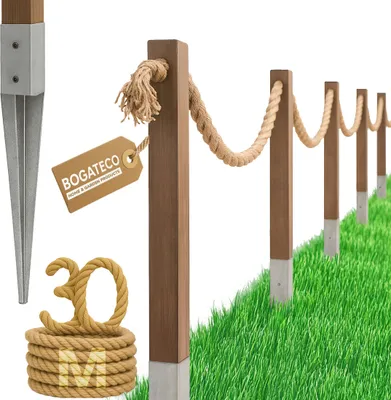 A product image showing a rope fence with wooden posts and a metal stake, set against a white and green background.
