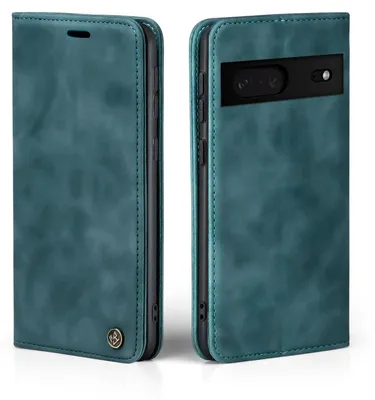 Two views of a teal flip-style phone case for a Google Pixel 7.