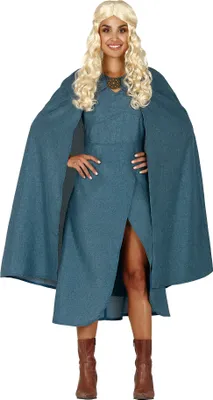 A woman wearing a blue medieval-style dress and a blonde wig, posing for a product image.
