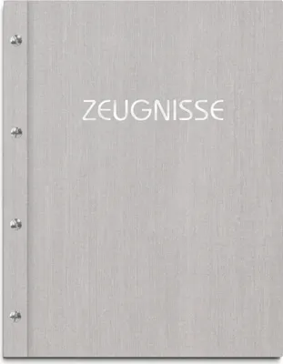 Produktbild von Zeugnismappe im grauen Einband in Leinenoptik, mit hochwertigem Prägedruck in silber – handgefertigte Mappe für Zeugnisse inkl. 12 Sichthüllen
