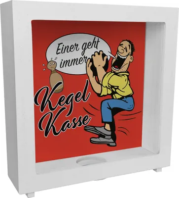 Produktbild von Kegelkasse Rahmen Spardose aus Holz Einer geht immer in rot mit lustigem