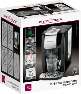 The image shows the retail packaging of a hot water dispenser.