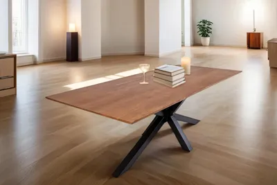 Produktbild von Esstisch 160x85 cm Abby, Akazienholz massiv + nussbaumfarben, Esszimmertisch mit Schweizer Kante, Spider-Metallgestell Schwarz, massiver Holztisch, Tischplatte 26mm