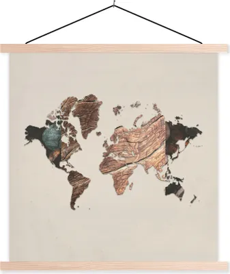 Produktbild von MuchoWow® Textilposter Weltkarte - Einfach - Holz 60x60 cm mit holzfarbenen Rahmen - Wanddekoration