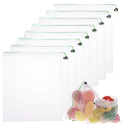 Produktbild von Netztasche Obstbeutel Gemüsebeutel - Wiederverwendbar - 8 Stück - 35 x 30 cm - Mit Zugkordel