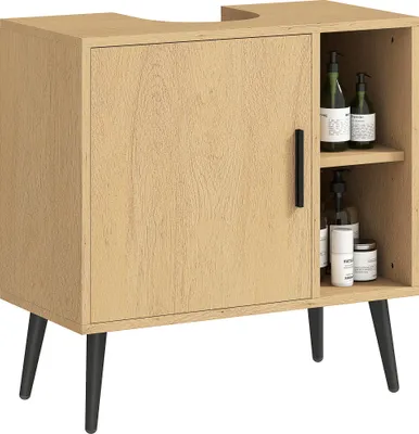 Image de HOMCOM Meuble sous lavabo salle de bain, meuble sous vasque industriel avec porte à fermeture progressive et étagère réglable, 60 x 30 x 59,5 cm, chêne