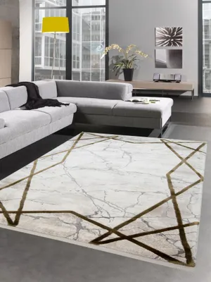 Produktbild von Teppich Wollteppich Marmorteppich geometrisches Muster beige creme Größe - 80 x 300 cm