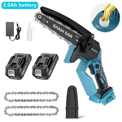 Image de Mini-scie à chaîne - Scie à chaîne électrique sans fil - Lame de 15 cm - Moteur sans balais - 2 batteries de 2,0 Ah - Lubrification automatique - Pour le bois