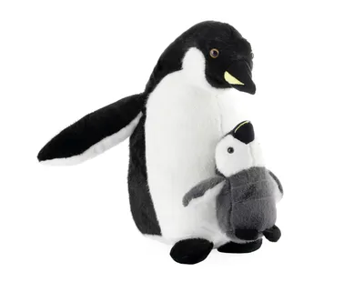 A plush toy of a mother penguin with a baby penguin in its pouch, isolated on a white background.