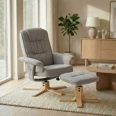 Produktbild von Relaxsessel CHARLY mit Hocker drehbar neigungsverstellbar grau [Max. Belastbarkeit 100 kg] für Wohnzimmer, TV-Sessel Fernsehsessel mit Liegefunktion Polstersessel und Hocker