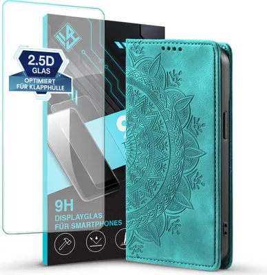 Produktbild von Mandala Handyhülle für Samsung Galaxy A57 5G RFID Schutz Klapphülle Case Cover Design Schutzhülle mit 9H Displayglas Farbe: Türkis