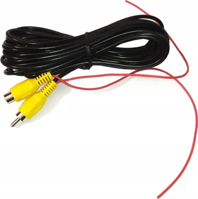 A coiled black cable with two yellow RCA connectors and two red wires extending from it, all on a white background.